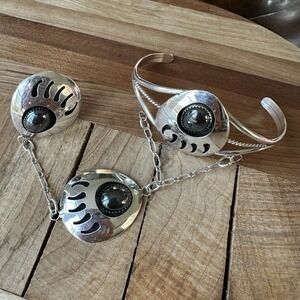 Native American Cuff 6.75 Bracelet w 8.25 Ring Bear Paw Hematite‎ Sterling 26.3g